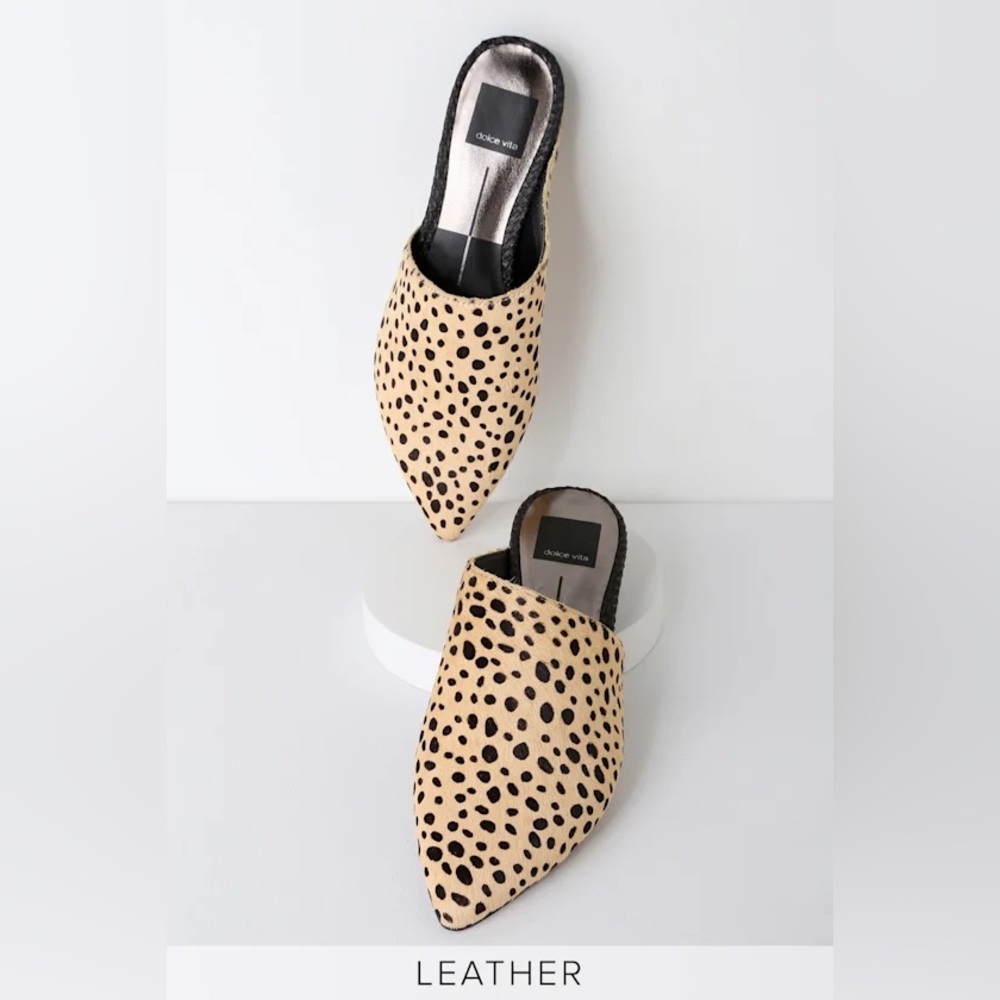 $140 Dolce Vita Ekko Leopard Calf Hair Pointed-Toe Slides 6